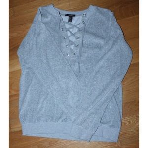 warm grey lace tie up sweater